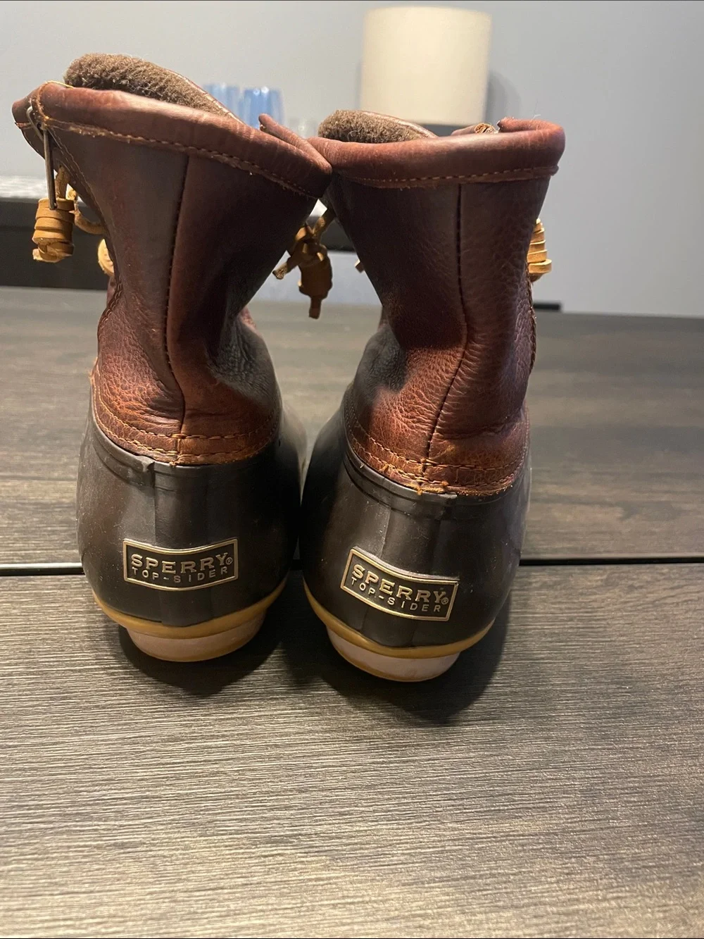 Sperry Brown Leather and Dark Brown Rubber Duck Boots with Tan Laces